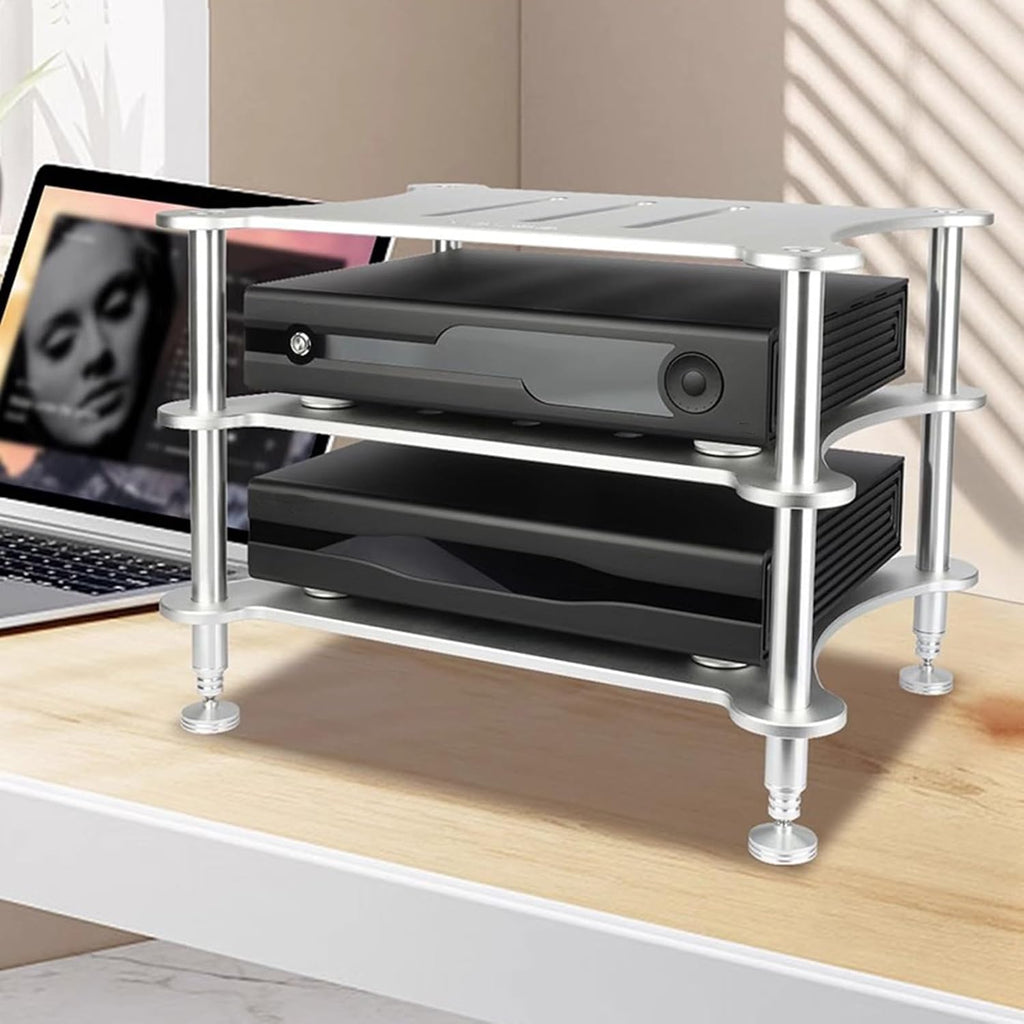 3-Tier Media Stand, Rack Audio Tower, Aluminum Alloy Storage Cabinet, with Shock-Absorbing Foot Spikes, for HiFi Audio Equipment, Amplifier, 430x340x320mm, Silver