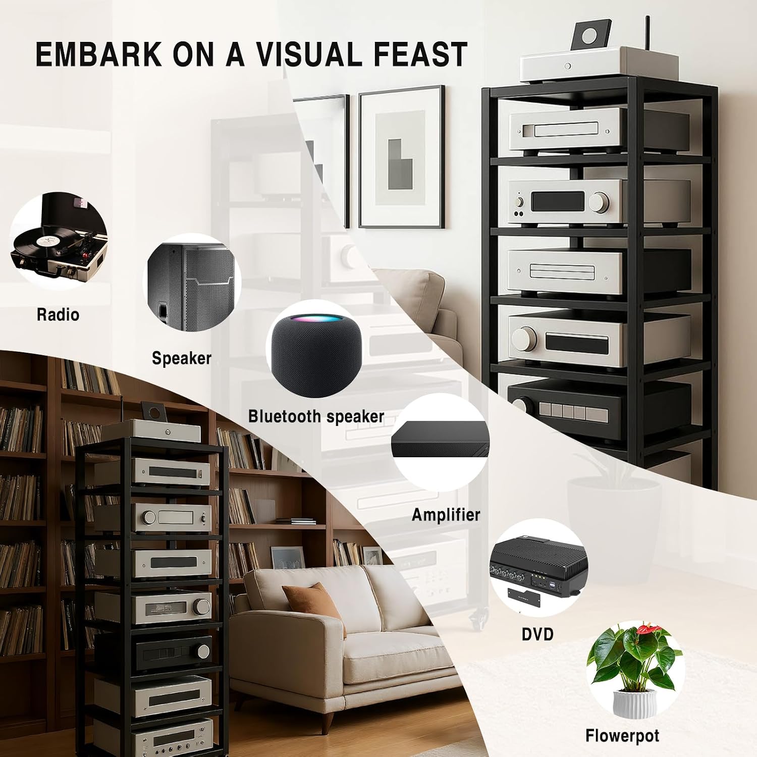 7-Tier Audio Rack Tower, Heavy Duty HiFi Amplifier Stand, Adjustable AV Media Component Cabinet with Wheel, Stereo Receiver & CD Player Display Rack for Home Theater Equipment