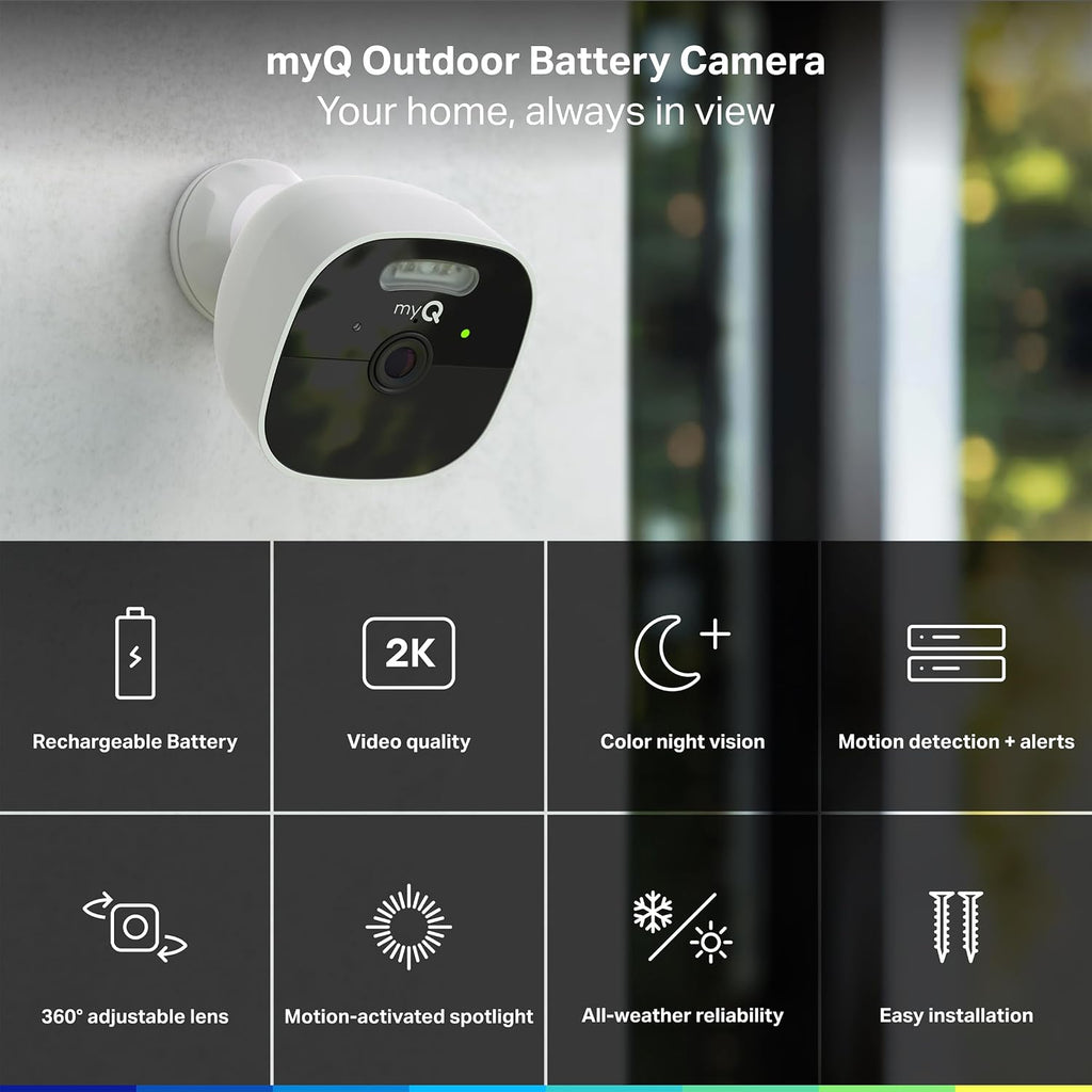 myQ Outdoor Battery Camera | 2K Camera, Color Night Vision, Spotlight, Motion Alerts, Live View with Two-Way Talk, Wireless, Weather-Resistant, Outdoor, White, 4 Pack