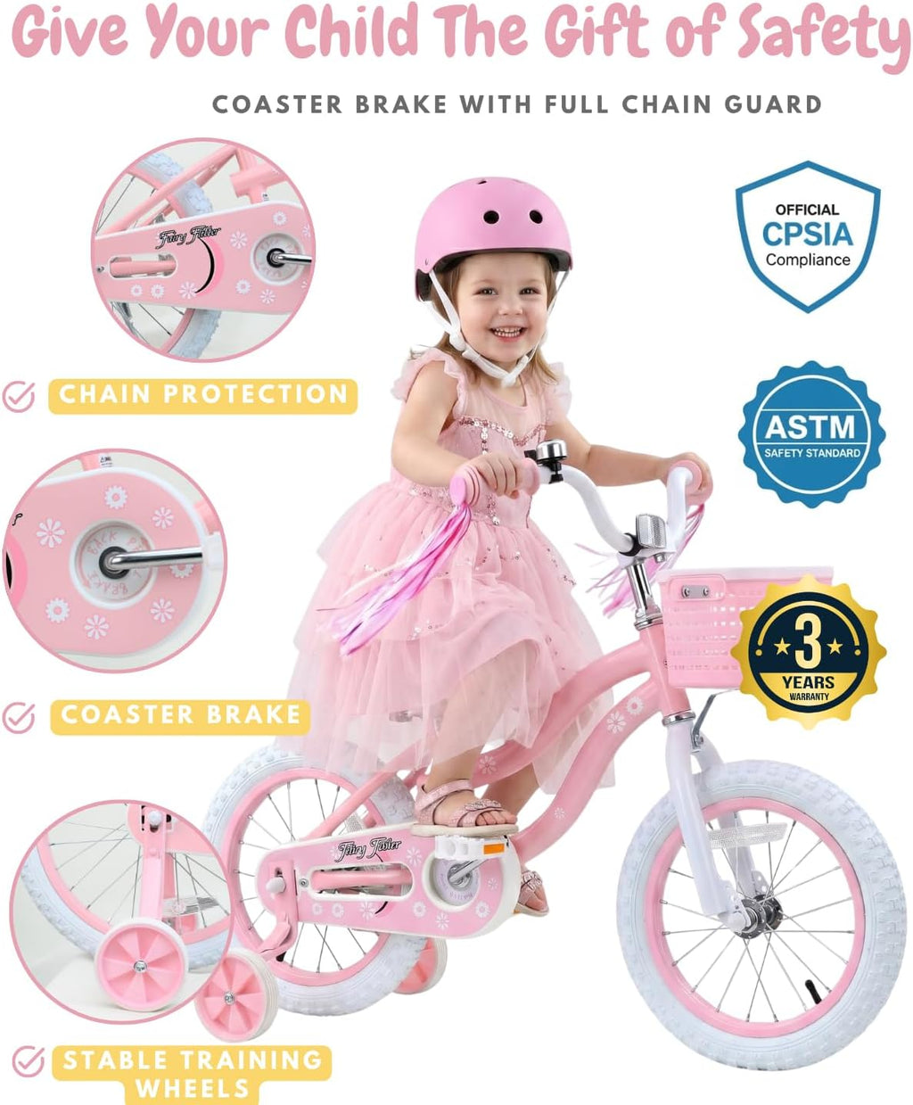 bicystar Girls Bike for Kids Ages 2-8 Years, 12 14 16 18 Inch Kids Bike with Training Wheels, Basket & Streamers, Pink Little Girls Bicycle with Coaster Brake, Birthday Gift