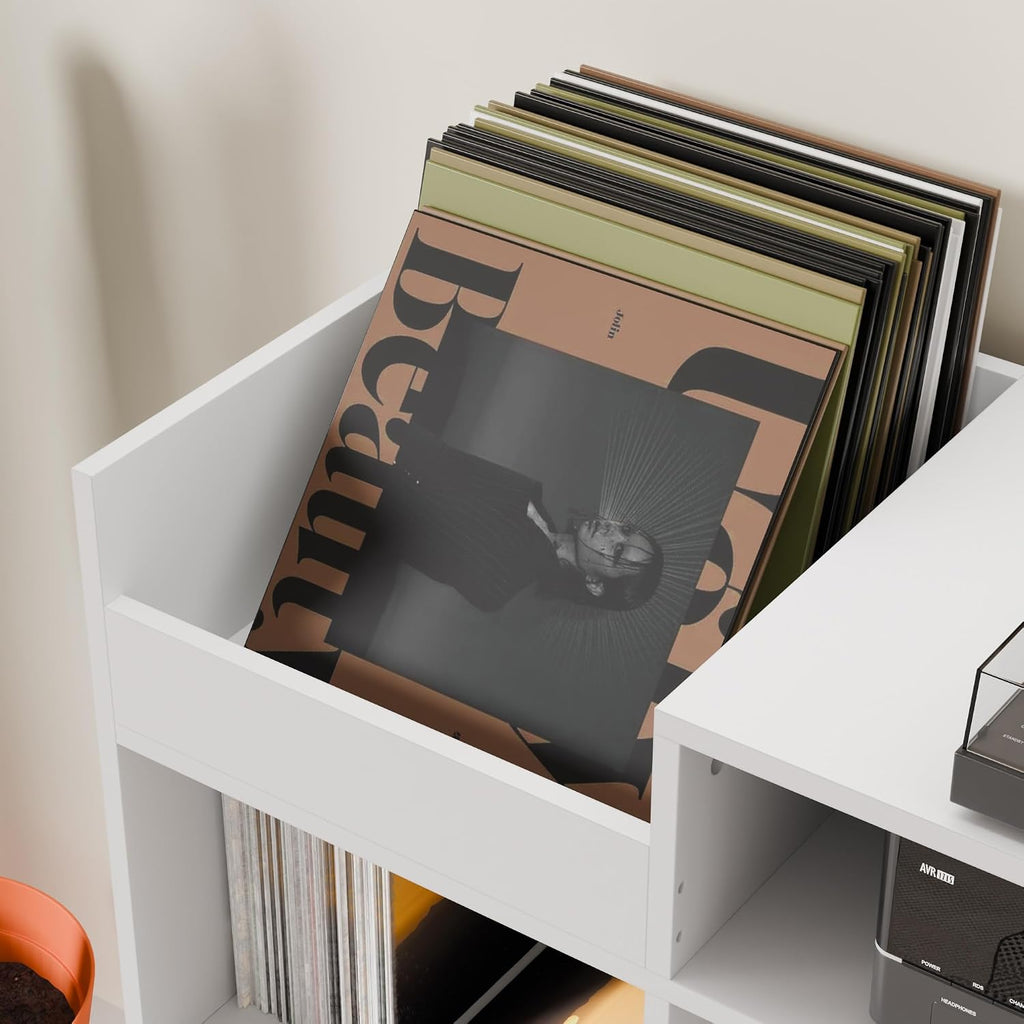 Cozy Castle Large Record Player Stand with Vinyl Storage Cabinet, Wood Turntable Table Open Shelf Holder Up to 500 Albums Cube Storage Organizer for Living Room, Office, White