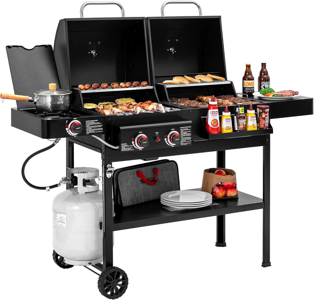 ZH3005 2-Burner Gas and Charcoal Combo Grill with Side Burner, 34,000 BTU Dual Fuel Grill, 823 Sq. In. Cooking Area, for Outdoor Patio Garden Picnic Backyard Cooking, Black