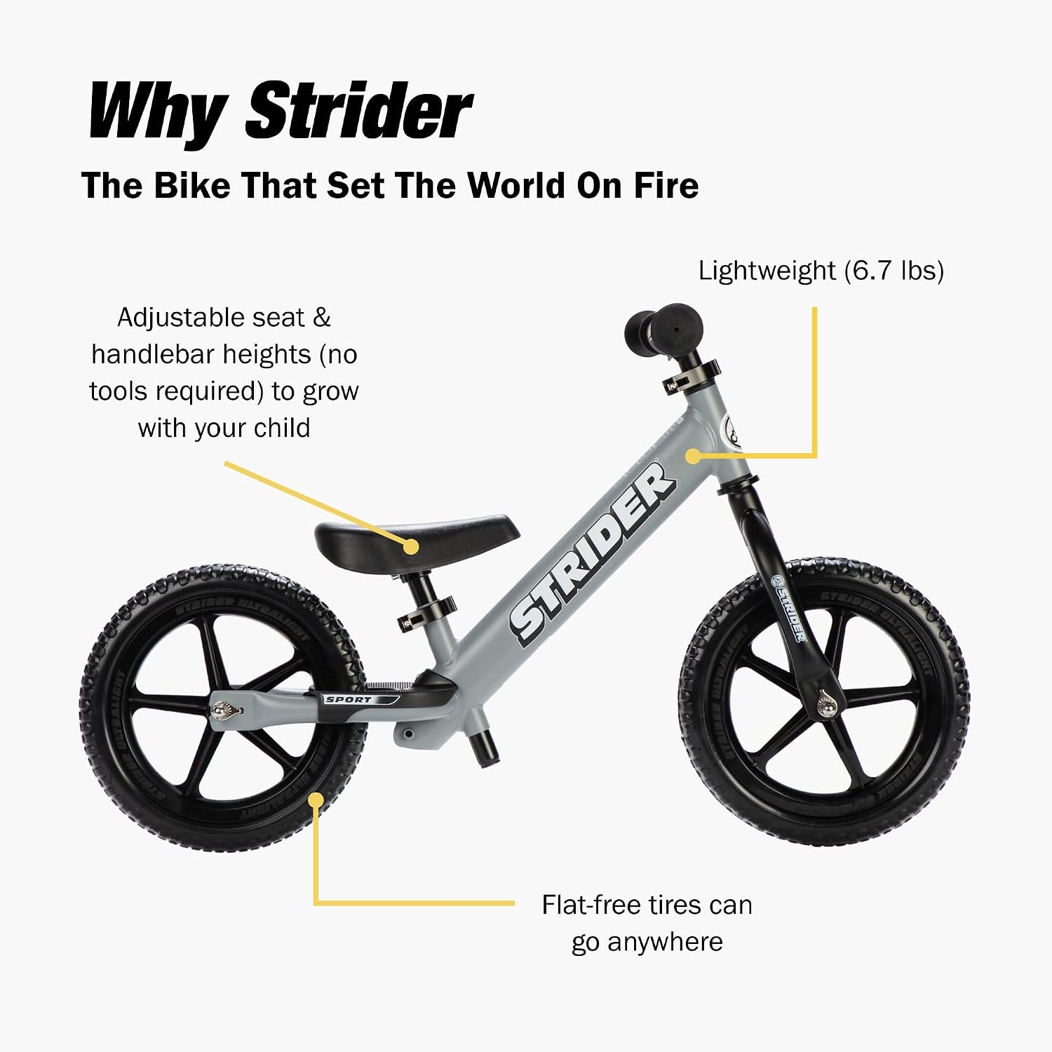 Strider 12' Sport Bike - No Pedal Balance Bicycle for Kids 1 to 4 Years - Includes Safety Pad, Padded Seat, Mini Grips & Flat-Free Tires - Tool-Free Assembly & Adjustments