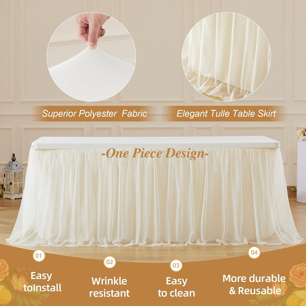 Wish Care 6 Pack Light Champagne Tulle Tablecloth for 6 Foot Rectangle Tables Ruffle Stretch Fitted Table Cloth Tutu Skirt Wrinkle Free Table Cover for Party Wedding Birthday Banquet Cake Tables Decor