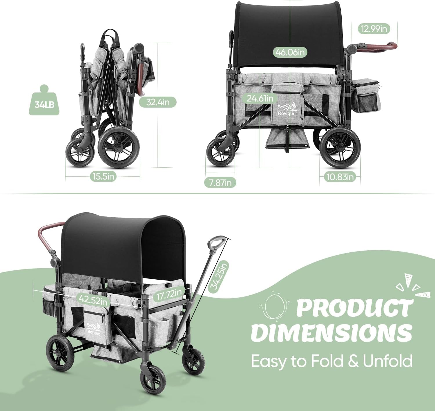 Rovique Wagon Stroller for 2 Kids,Premium Wagon for Kids with Removable Canopy, Snack Tray, Convertible Baby Bassinet, 5-Point Safety Harness, All-Terrain PU Wheels & Adjustable Push/Pull Handle,Grey