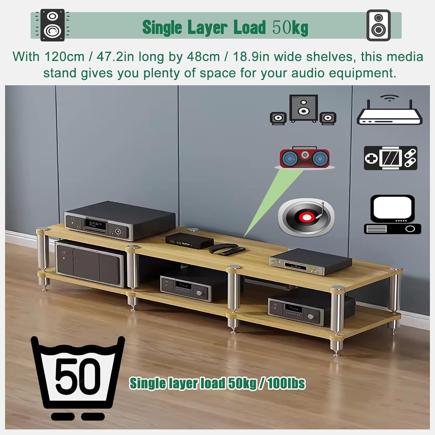 Home Theater AV Display Rack Heavy Duty, Audio Component Cabinet/Media Stereo Stand Equipment Shelf, 2 3 4 Tier Wooden Audio Equipment Organizer Shelf(Beige,120x48x42cm)