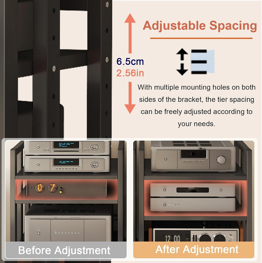 3-Tier Adjustable Audio Rack with Rolling Wheels - Heavy-Duty Media Stand for Amplifiers, Receivers & Turntables - 40cm (15.7in) Storage Solution for Home Theater