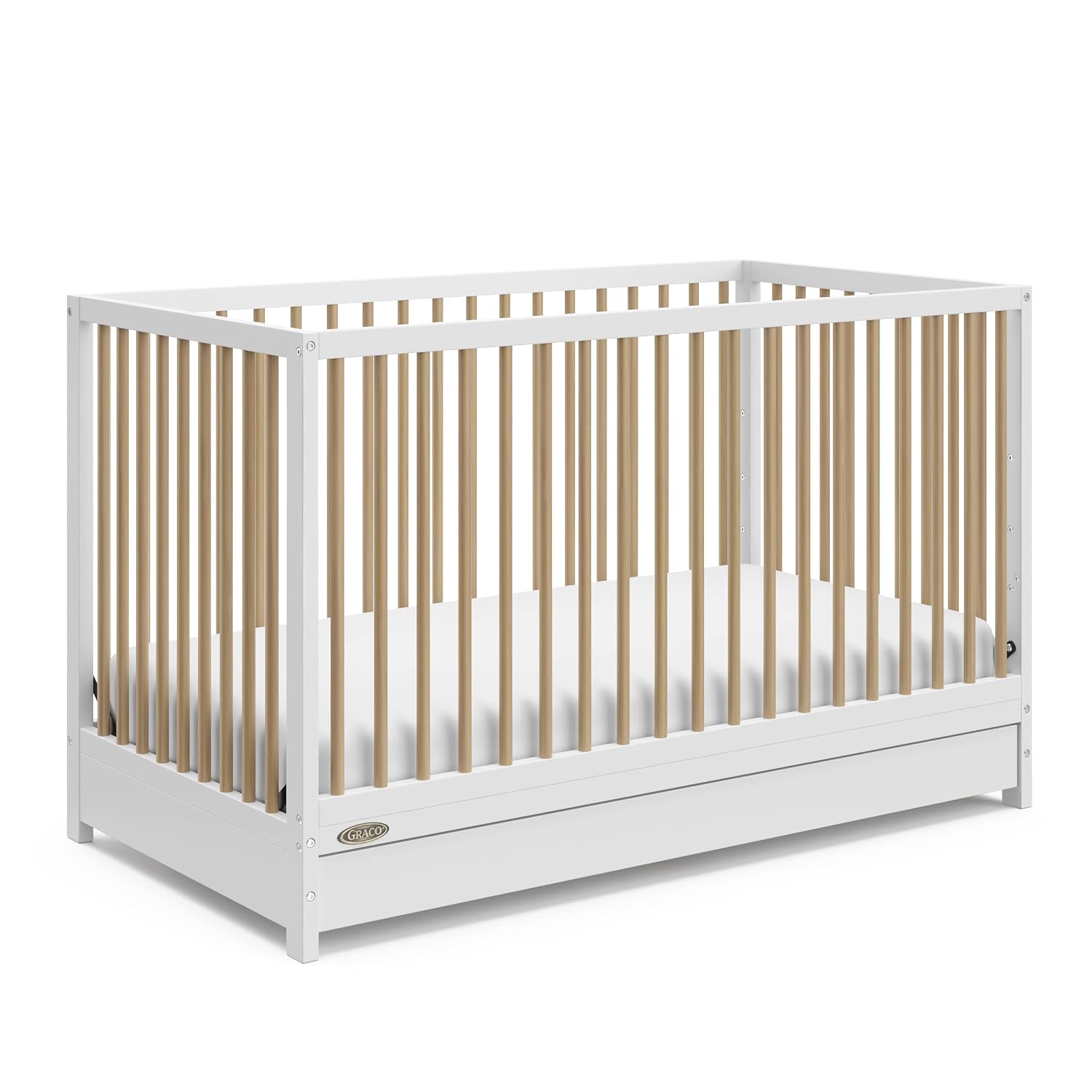 Graco Teddi 5-in-1 Convertible Crib with Drawer – GREENGUARD Gold Certified, Full-Size Nursery Storage Drawer, Baby Crib Converts to Toddler Bed, Daybed and Full-Size Bed (White and Driftwood)