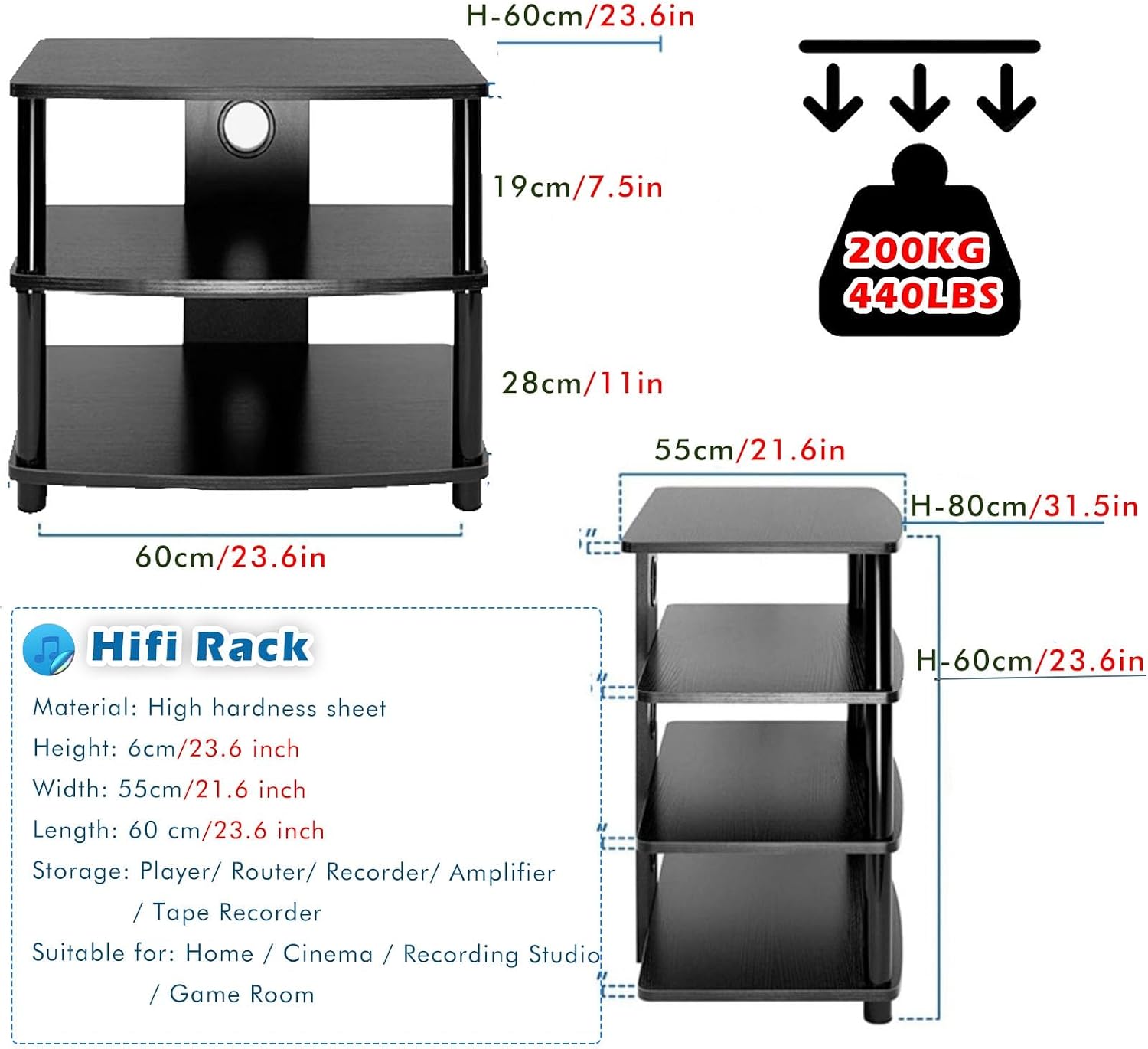 Av Media Stand Corner, 23 31 Inch Height Stereo Components Rack/Cabinet, Industrial Audiovideo Unit for Home, Electronics Equipment Shelf Entertainment Center,3tier