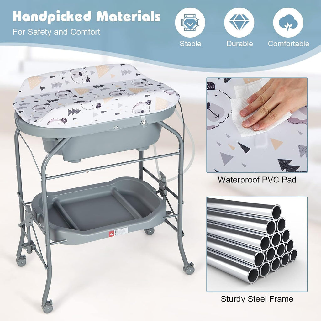 HONEY JOY 2-in-1 Baby Bathtub & Changing Table, Foldable Infant Diaper Changing Station with Wheels, Storage Tray, Waterproof Pad, Portable Newborn Nursery Organizer Bath Stand for Boys Girls (Gray)