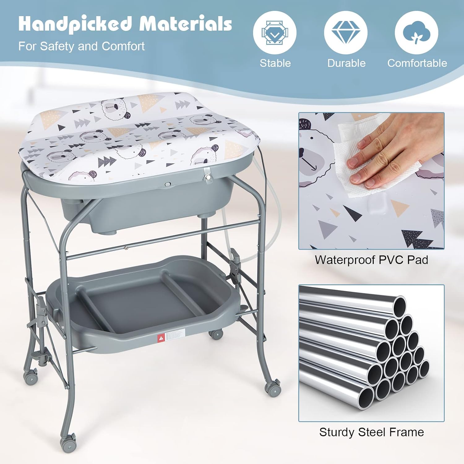 HONEY JOY 2-in-1 Baby Bathtub & Changing Table, Foldable Infant Diaper Changing Station with Wheels, Storage Tray, Waterproof Pad, Portable Newborn Nursery Organizer Bath Stand for Boys Girls (Gray)