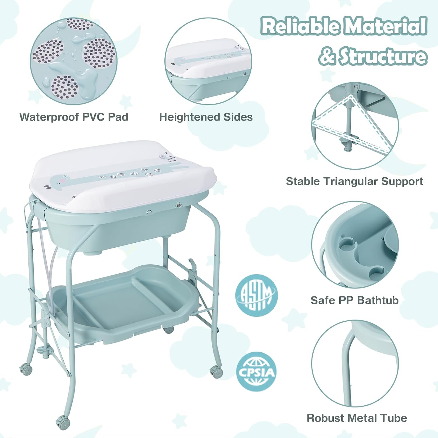 HONEY JOY 2-in-1 Baby Bathtub & Changing Table, Foldable Infant Diaper Changing Station with Wheels, Storage Tray, Waterproof Pad, Portable Newborn Nursery Organizer Bath Stand for Boys Girls (Blue)