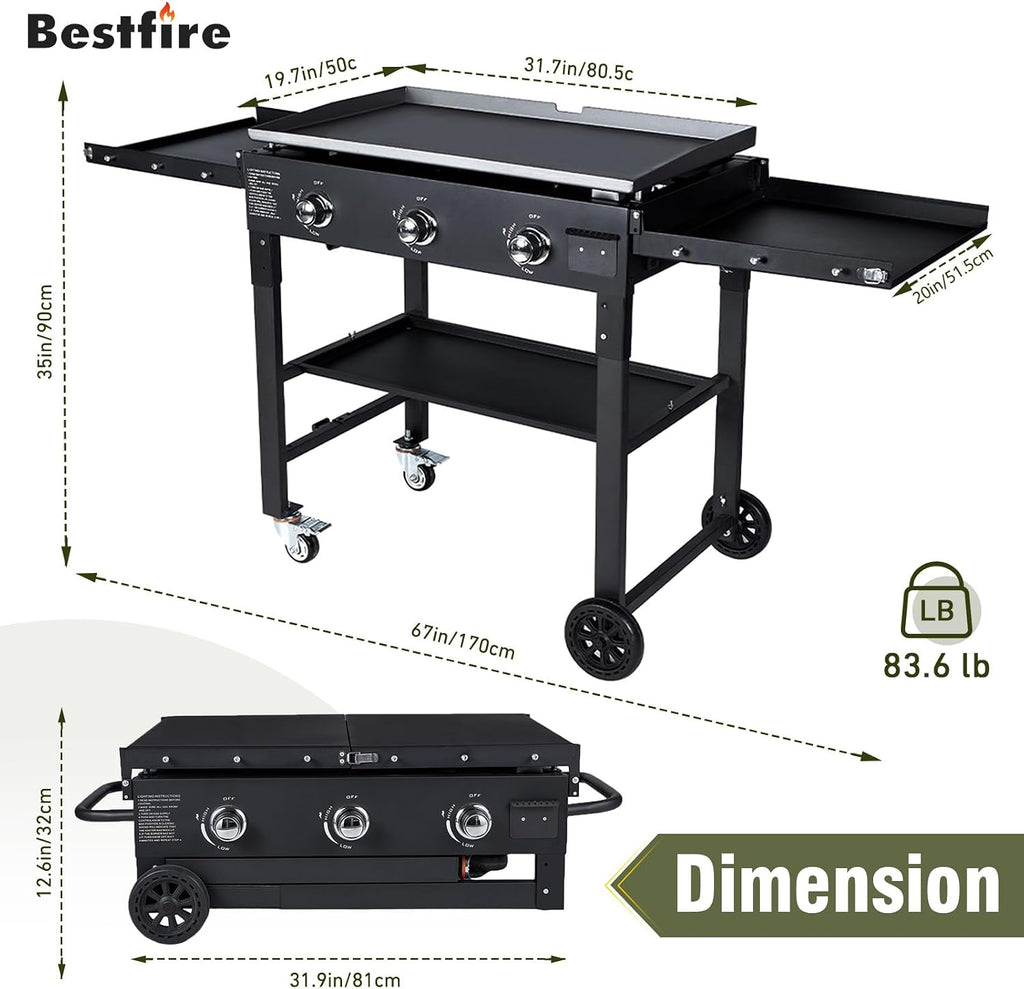 BESTFIRE 3 Burner 35' Flat Top Grill,45,000 BTU Flat Grills Outdoor Cooking with Two Foldable Shelves,Outdoor Griddle with Porcelain-Enameled Cast Iron Grate & Pan for Kitchen,BBQ& Camping