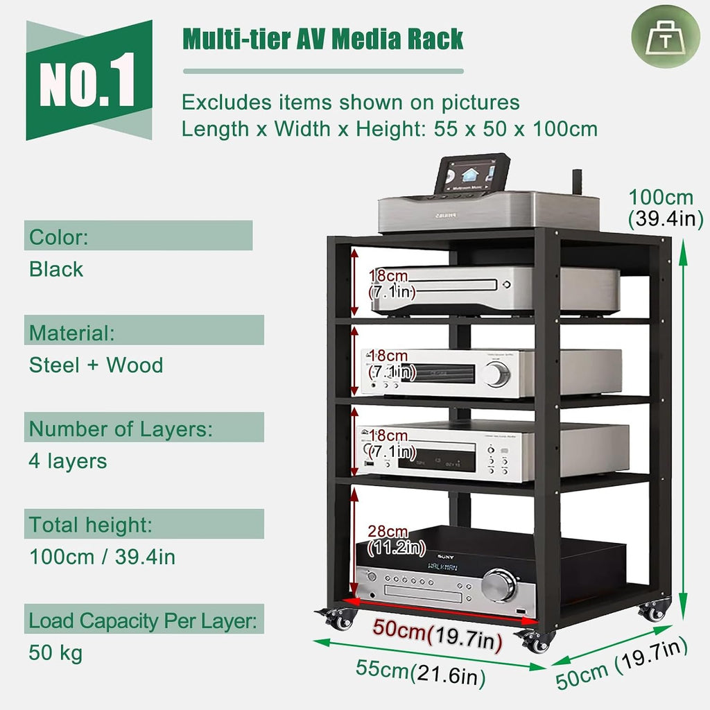 Heavy Duty Media Stereo Stand Equipment Shelf, 1 2 3 4 Layer Black Video Game/DVD Holder, Audio Component Rack Tower for Tv Accessories Record Player Console(H100cm-4Tier)