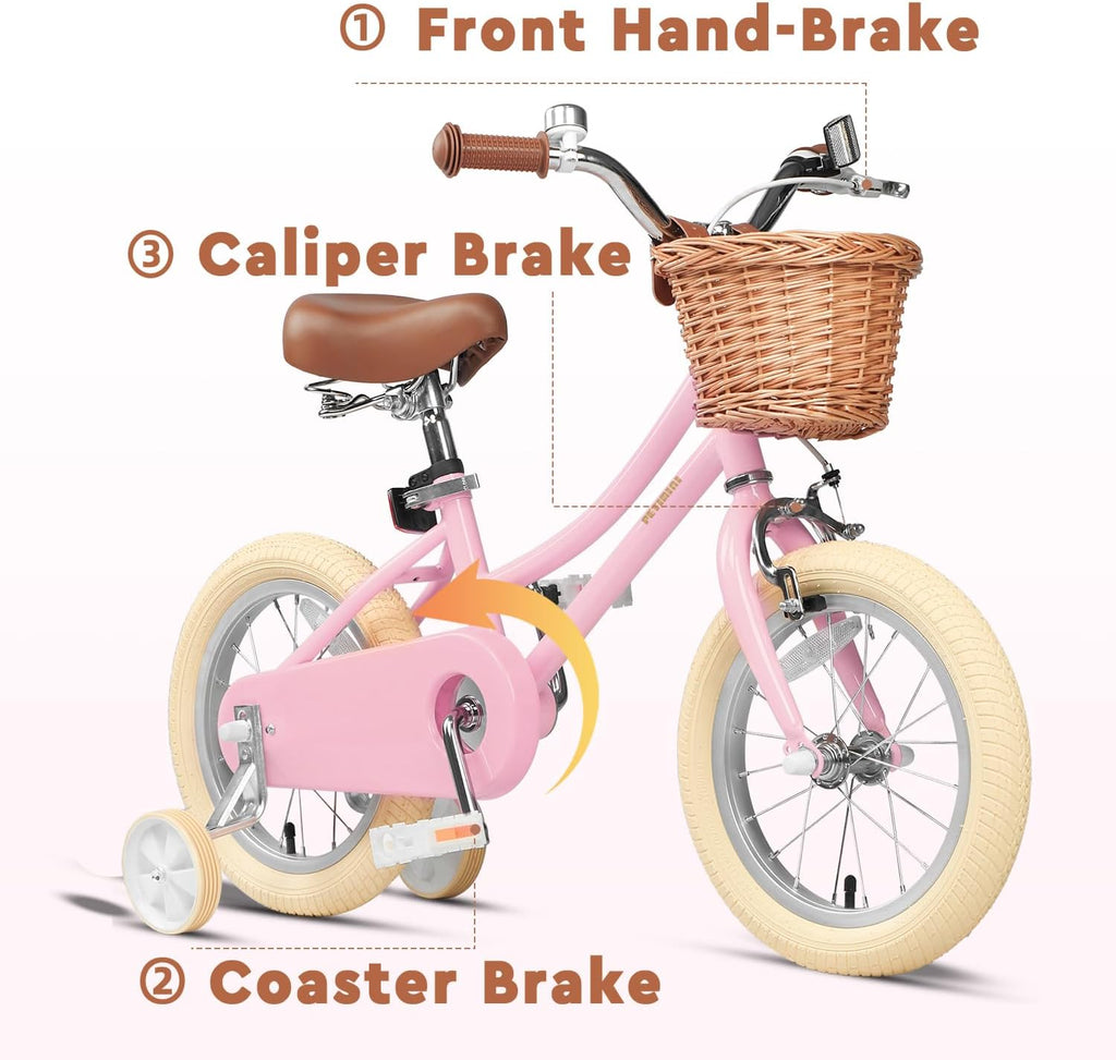 Petimini Vintage Kids Bike for Girls, 12–20 Inch Classic Bicycle with Wicker Basket & Bell, High Tensile Steel Frame, Training Wheels (12–18'), 85% Pre-Assembled, Retro Bike for Outdoor Riding