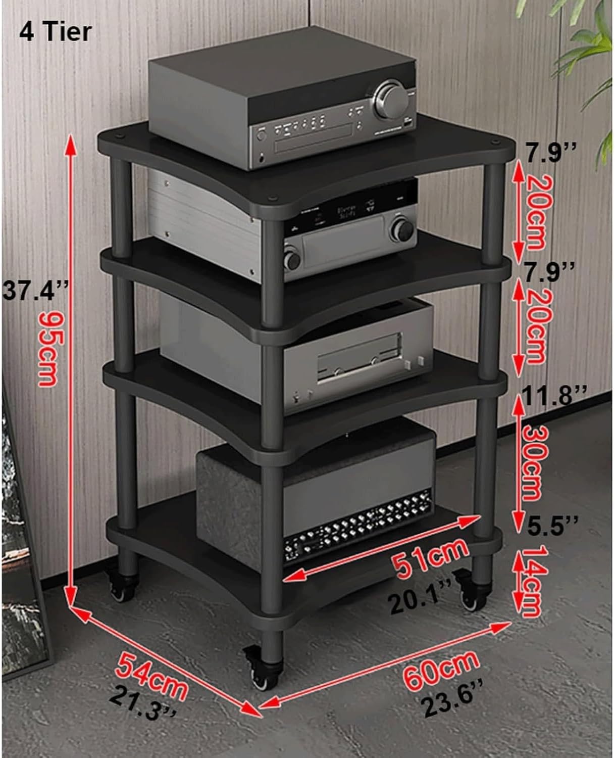 Audio Rack Stereo Rack Mobile Audio Equipment Rack Wooden Audio Rack Cabinet HiFi Rack with Wheels Audio Component Rack Durable(Nero,4 Tier)