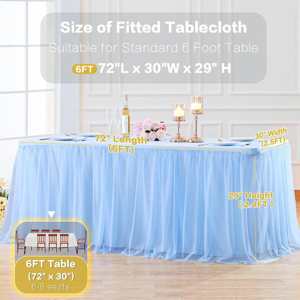 6 Pack Baby Blue Table Cloth for 6 Foot Rectangle Tables, Stretch Fitted Tulle Table Covers Skirt, Rectangular Ruffle Tutu Tablecloth Wedding Baby Shower Baby Shower Cake Tablecloths