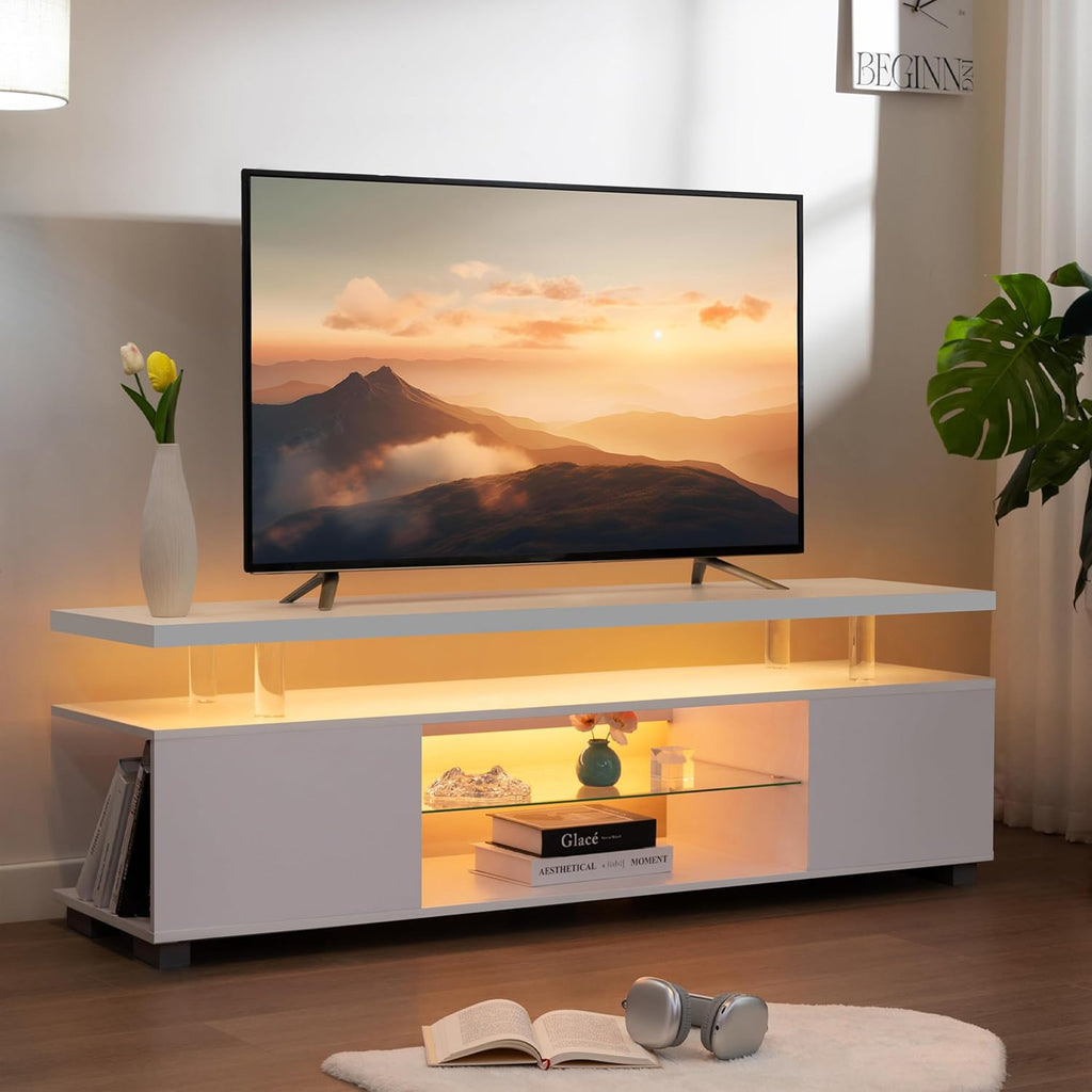 Cubehom White TV Stands for Living Room LED TV Stand Modern TV Stand with Storage for 55/60/65 inche TVs Entertainment Center for Living Room