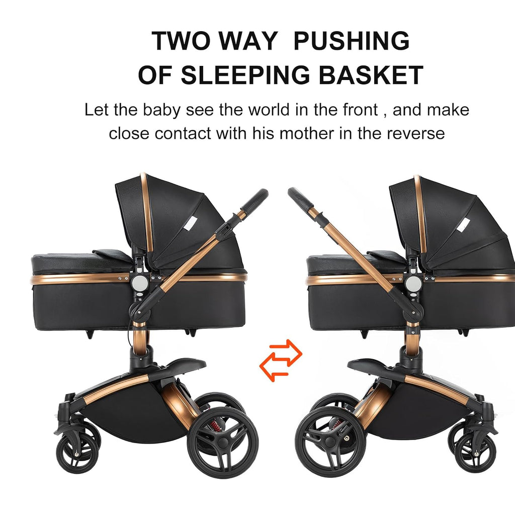 Convertible Baby Stroller with Bassinet, 360° Rotation, Triple Shock Absorption, Foldable, Safe & Comfortable, Aesthetic Pushchair for Newborn Infant Toddler Aged 0-36 Months (Black)
