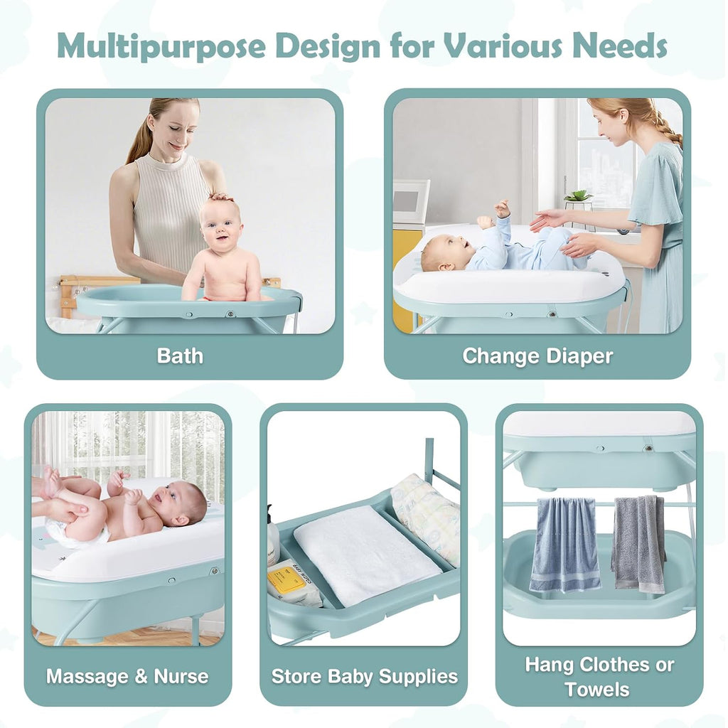 HONEY JOY 2-in-1 Baby Bathtub & Changing Table, Foldable Infant Diaper Changing Station with Wheels, Storage Tray, Waterproof Pad, Portable Newborn Nursery Organizer Bath Stand for Boys Girls (Blue)