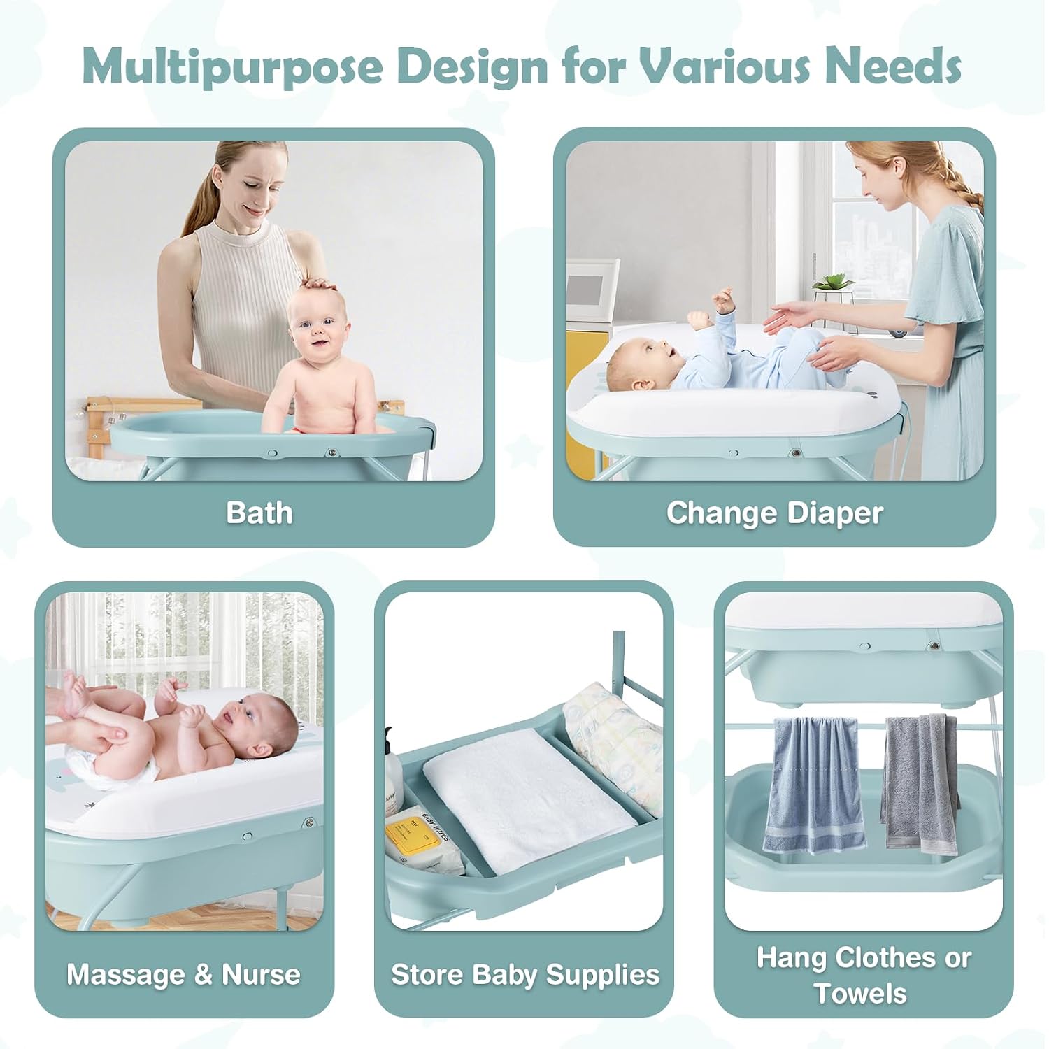 HONEY JOY 2-in-1 Baby Bathtub & Changing Table, Foldable Infant Diaper Changing Station with Wheels, Storage Tray, Waterproof Pad, Portable Newborn Nursery Organizer Bath Stand for Boys Girls (Blue)