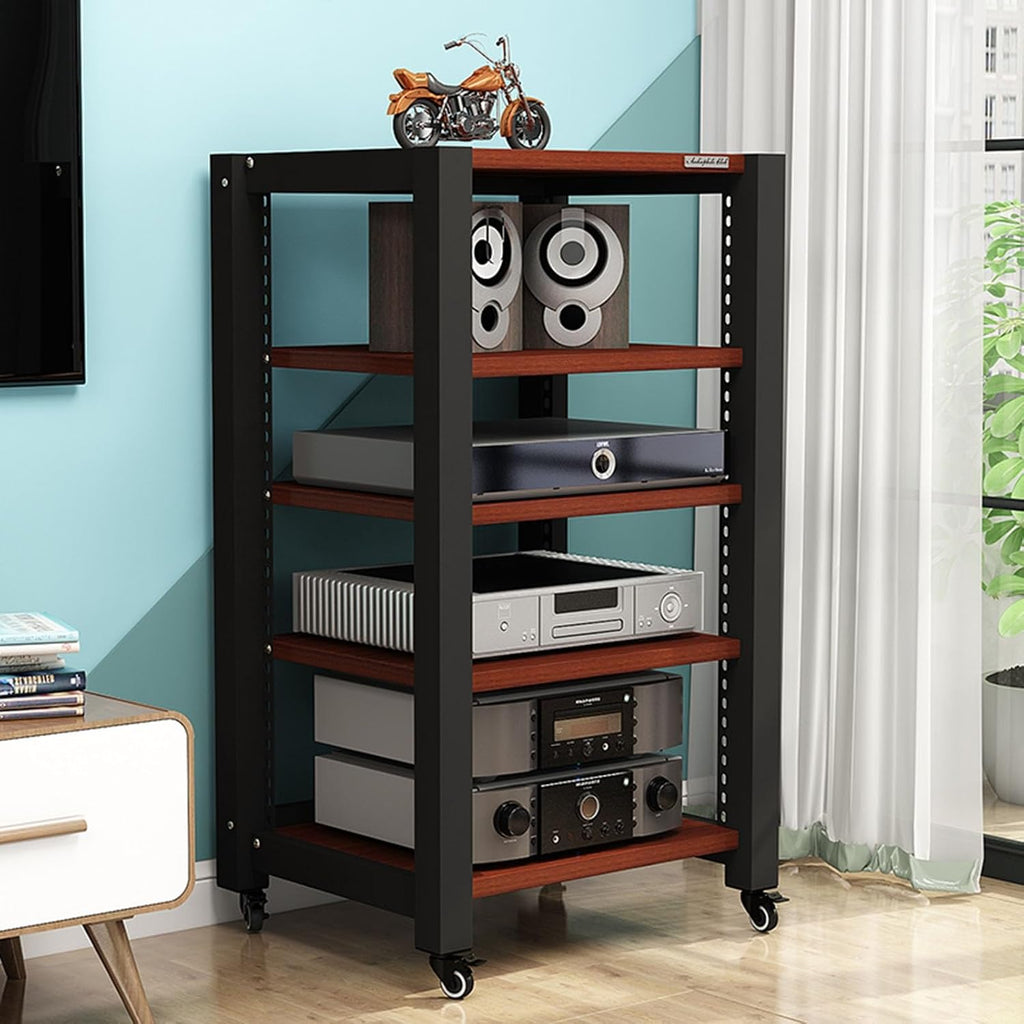 5-Tier Movable AV Media Player Stand Corner Audio Tower Component Cabinet Stereo Stand Adjustable Open Storage Rack with Wooden Shelves and Steel Frame for Home/Office/Theater (Color : A) (A)