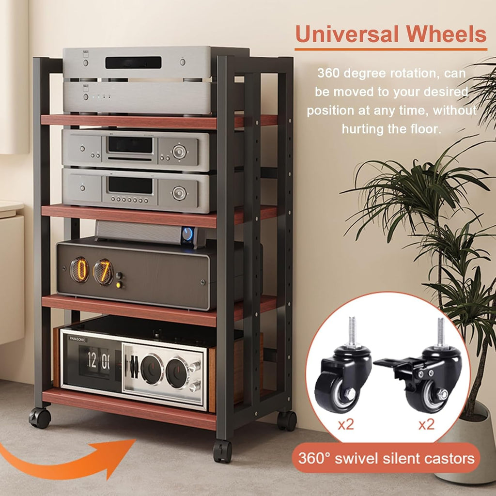 3-Tier Adjustable Audio Rack with Rolling Wheels - Heavy-Duty Media Stand for Amplifiers, Receivers & Turntables - 40cm (15.7in) Storage Solution for Home Theater