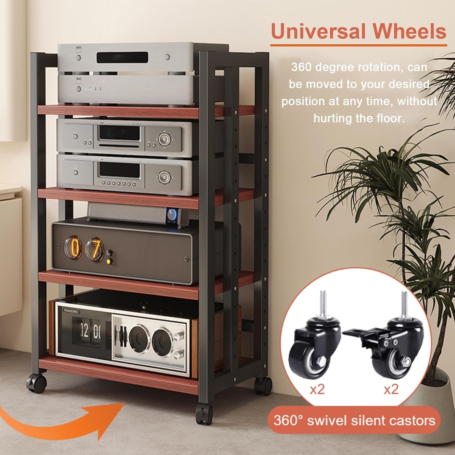 3-Tier Adjustable Audio Rack with Rolling Wheels - Heavy-Duty Media Stand for Amplifiers, Receivers & Turntables - 40cm (15.7in) Storage Solution for Home Theater