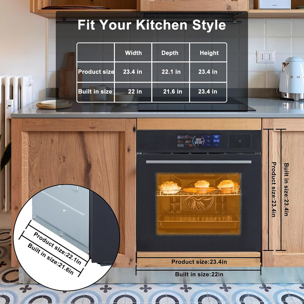 GarveeHome Single Wall Oven 24 in, Built-in Electric Ovens with Steam&Grill&Air Frying Mode, 3000W, 240V, 2.5Cu.ft Convection Built-in Oven, Stainless Steel, Colorful Touch Screen
