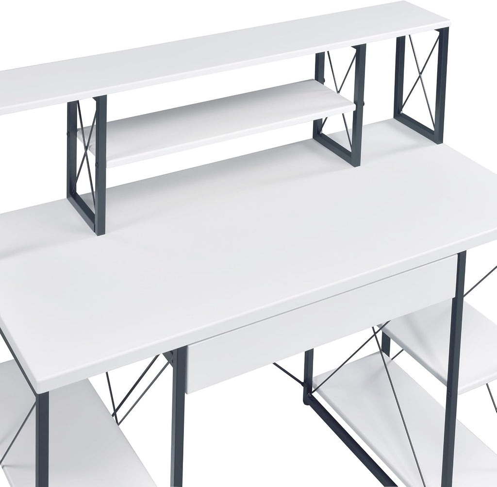AMNOOL Office Desk with Open Shelves - Stylish Wood Recording Studio Workstation with Drawer and Compartments for Audio Equipment, Cables, and Accessories (White+Black)