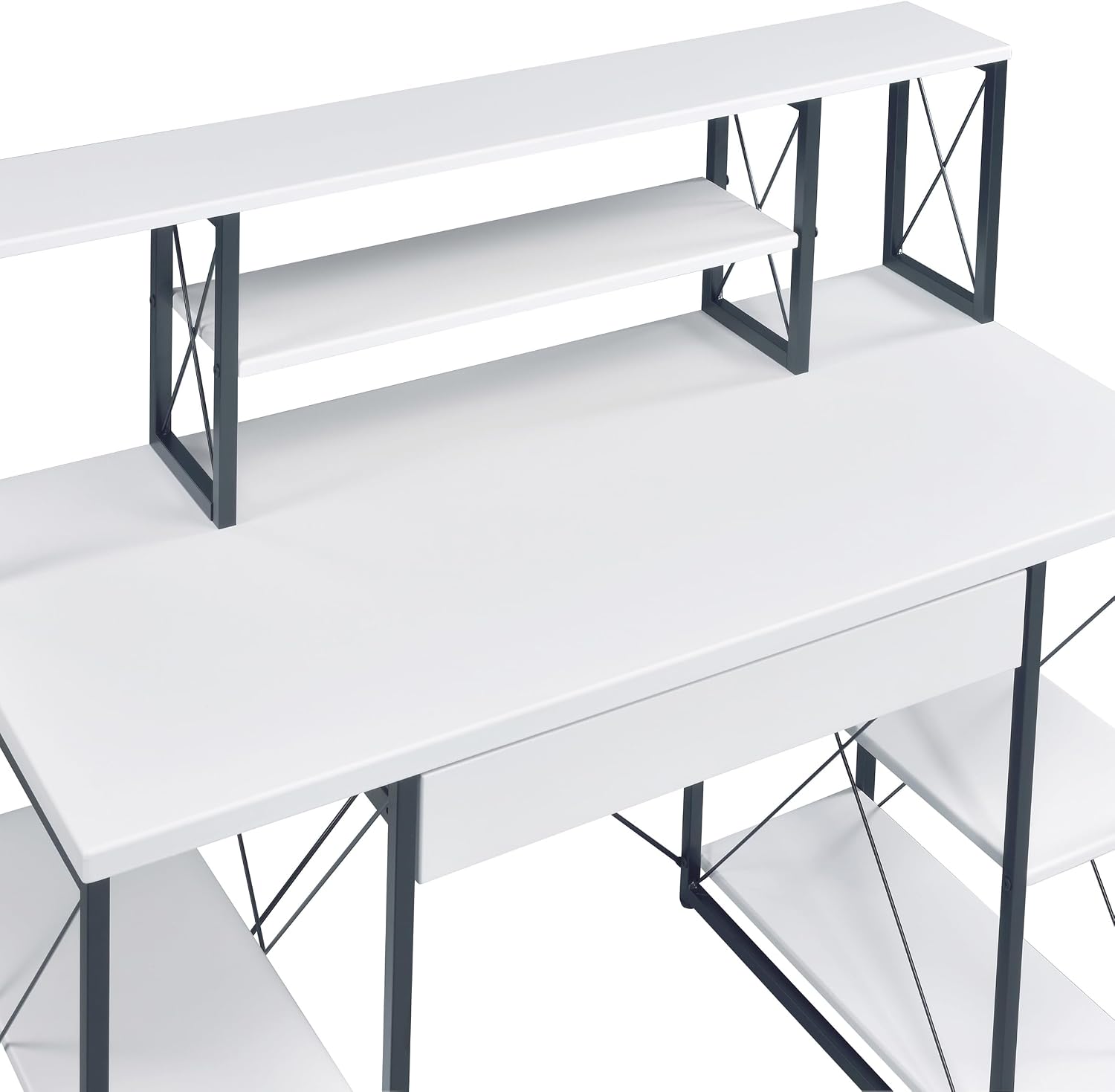 AMNOOL Office Desk with Open Shelves - Stylish Wood Recording Studio Workstation with Drawer and Compartments for Audio Equipment, Cables, and Accessories (White+Black)