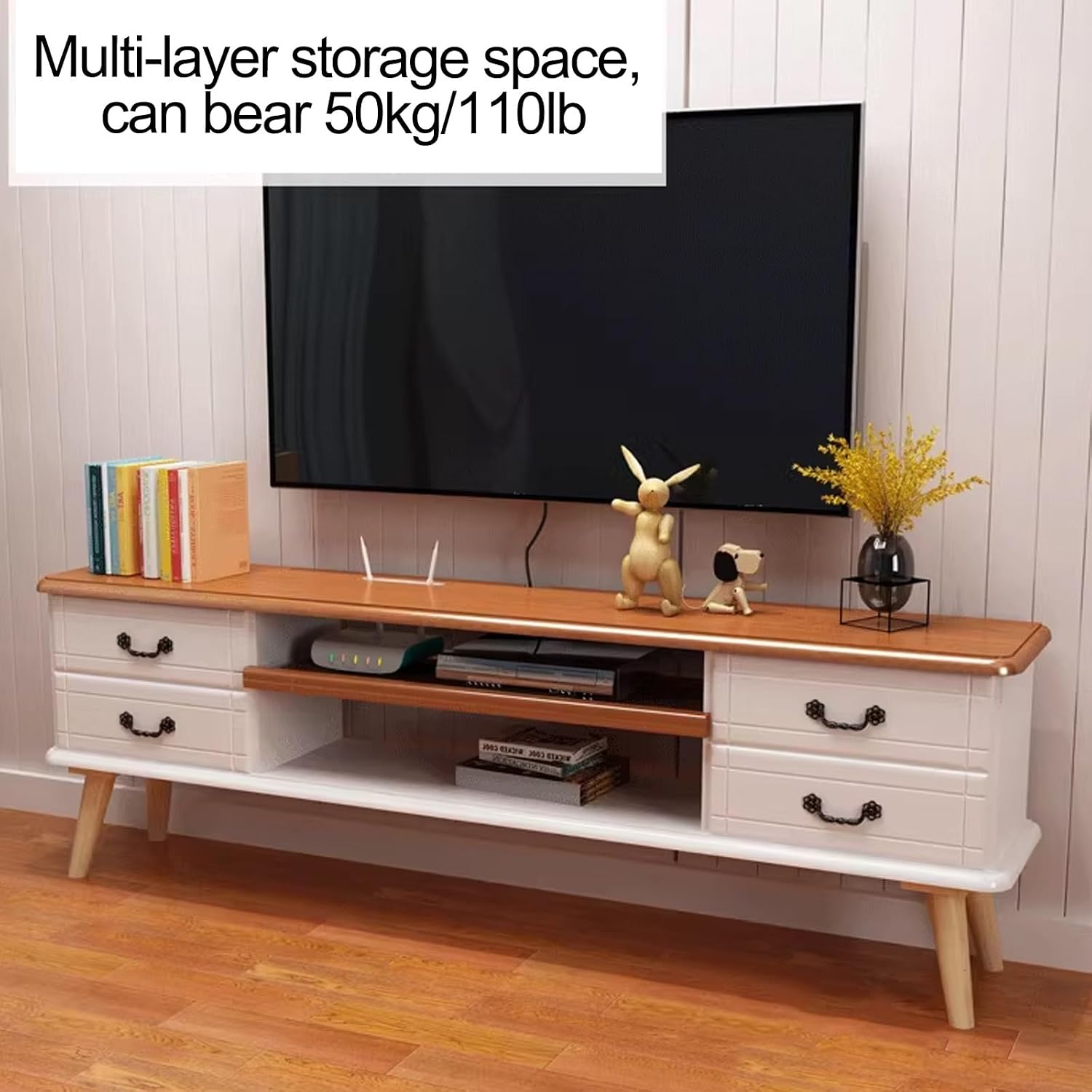 Double Layer TV Storage Cabinet with 4 Drawers，Audio Visual Entertainment Equipment Control Center for 30-65' TV, Wooden Storage Low Cabinet Suitable, for Home and Office (Color : Brown, Si
