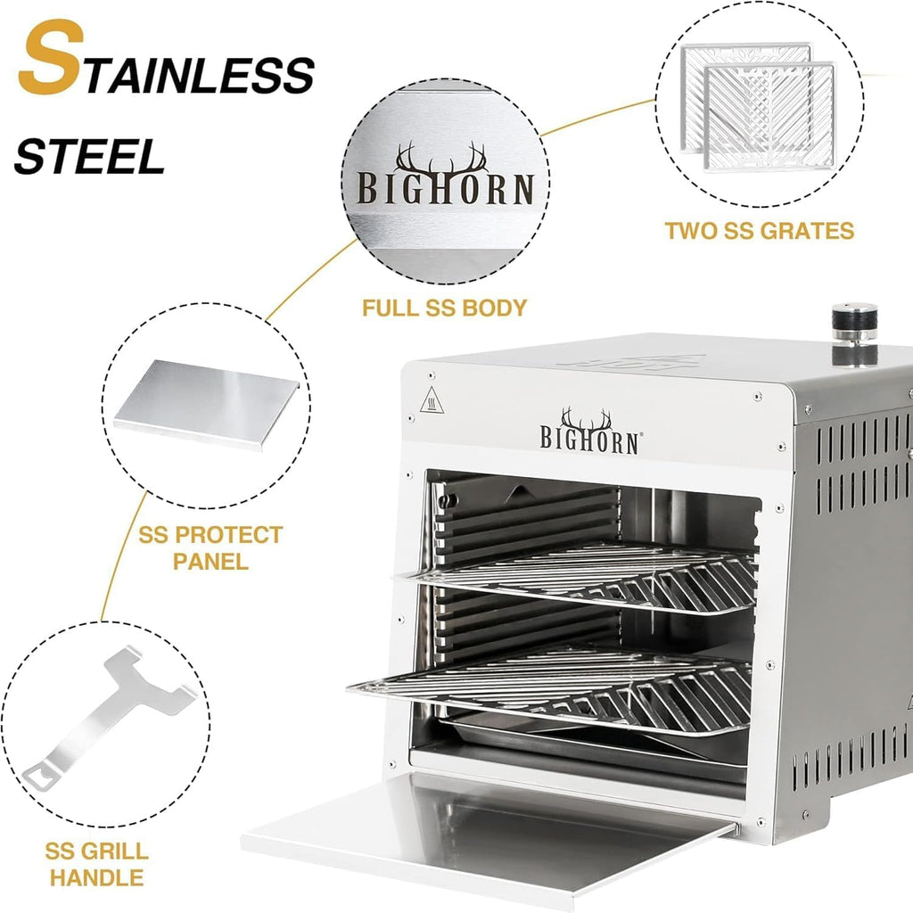 BIG HORN OUTDOORS 1500°F Small Infrared Propane Gas Grill – Portable Steak Broiler & Sear Station, Outdoor Salamander BBQ with Pizza Stone, Stainless Steel