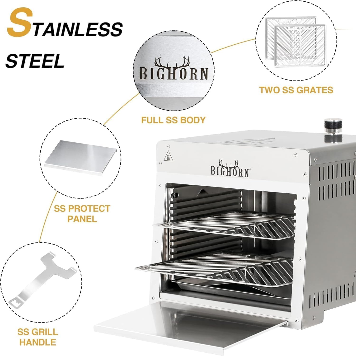 BIG HORN OUTDOORS 1500°F Small Infrared Propane Gas Grill – Portable Steak Broiler & Sear Station, Outdoor Salamander BBQ with Pizza Stone, Stainless Steel