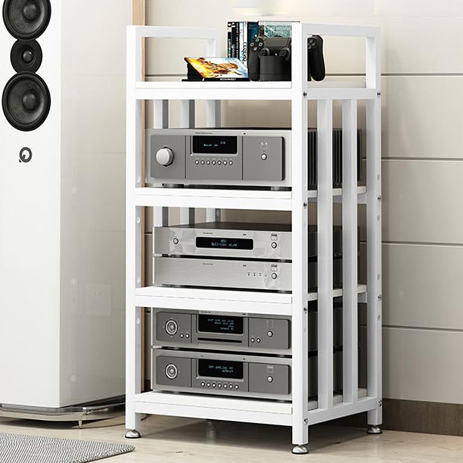 Stylish White Mobile Media Storage Stand - AV Shelf HiFi Rack Floor-Standing Audio Component Cabinet for Game & Recording Rooms - Easy Assembly Furniture