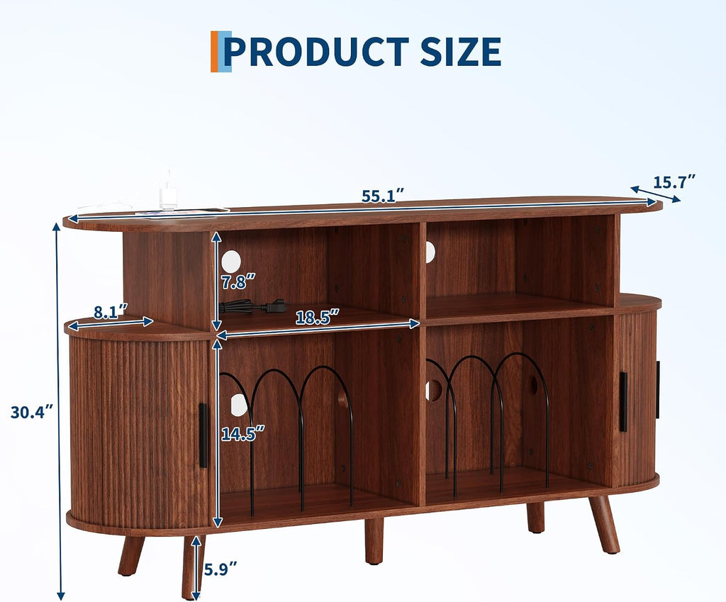 GarveeHome 55 in Large Round Record Player Stand with Charging Station and USB Ports, Mid-Century Rustic Vinyl Record Player Turntable Stand Storage Cabinet with Open Shelves Holder