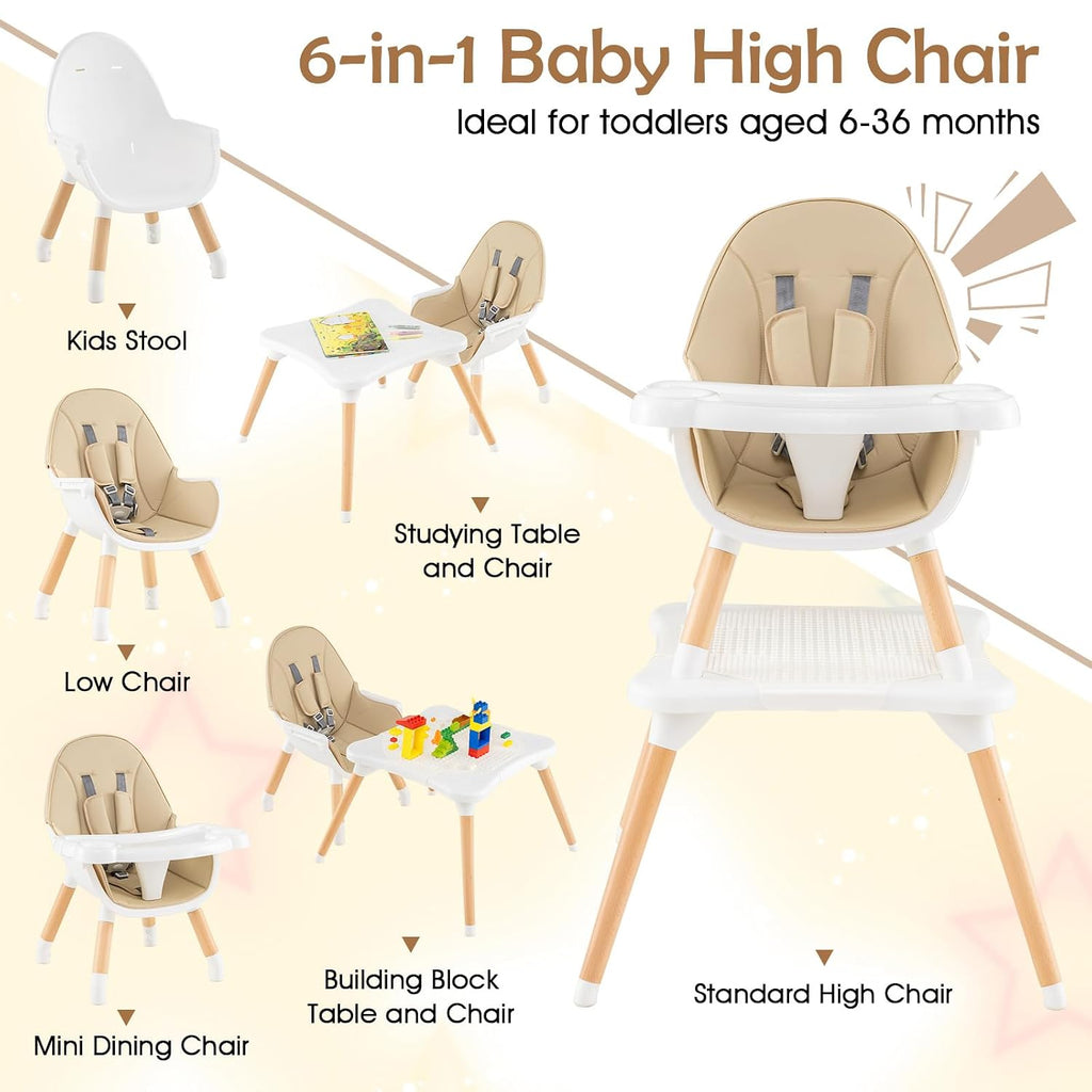 GLACER High Chair, 6-in-1 Convertible Wooden High Chairs for Babies and Toddlers w/Building Block Table, 5-Point Safety Harness, Removable Tray, PU Cushioned Baby High Chair for 6-36 Months (Khaki)