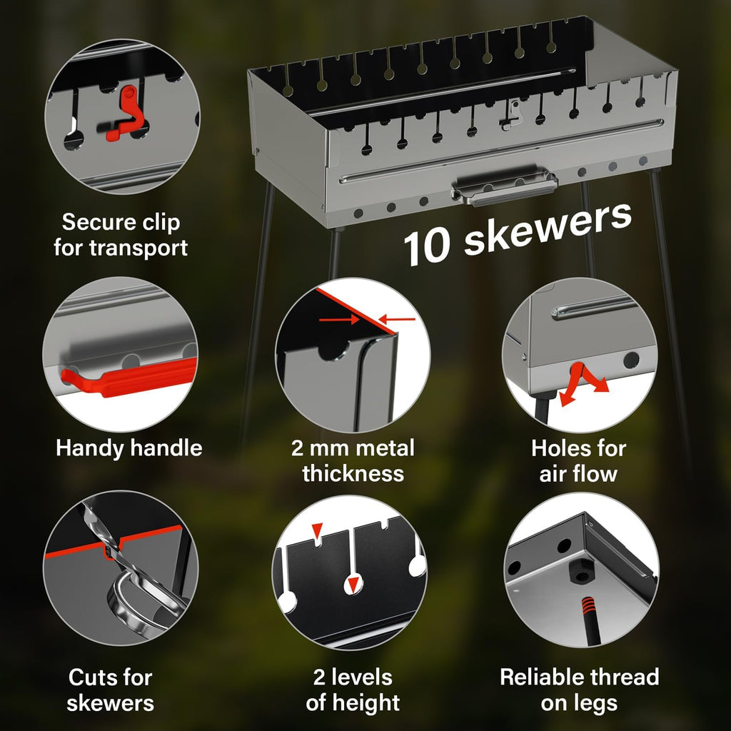 Stainless Steel Charcoal Grill for 10 Skewers – Portable BBQ 20.87'×11.81'×25.2' – Foldable Kabob Mangal – Durable Rustproof Grill for Picnic & Camping (Skewers Not Included)