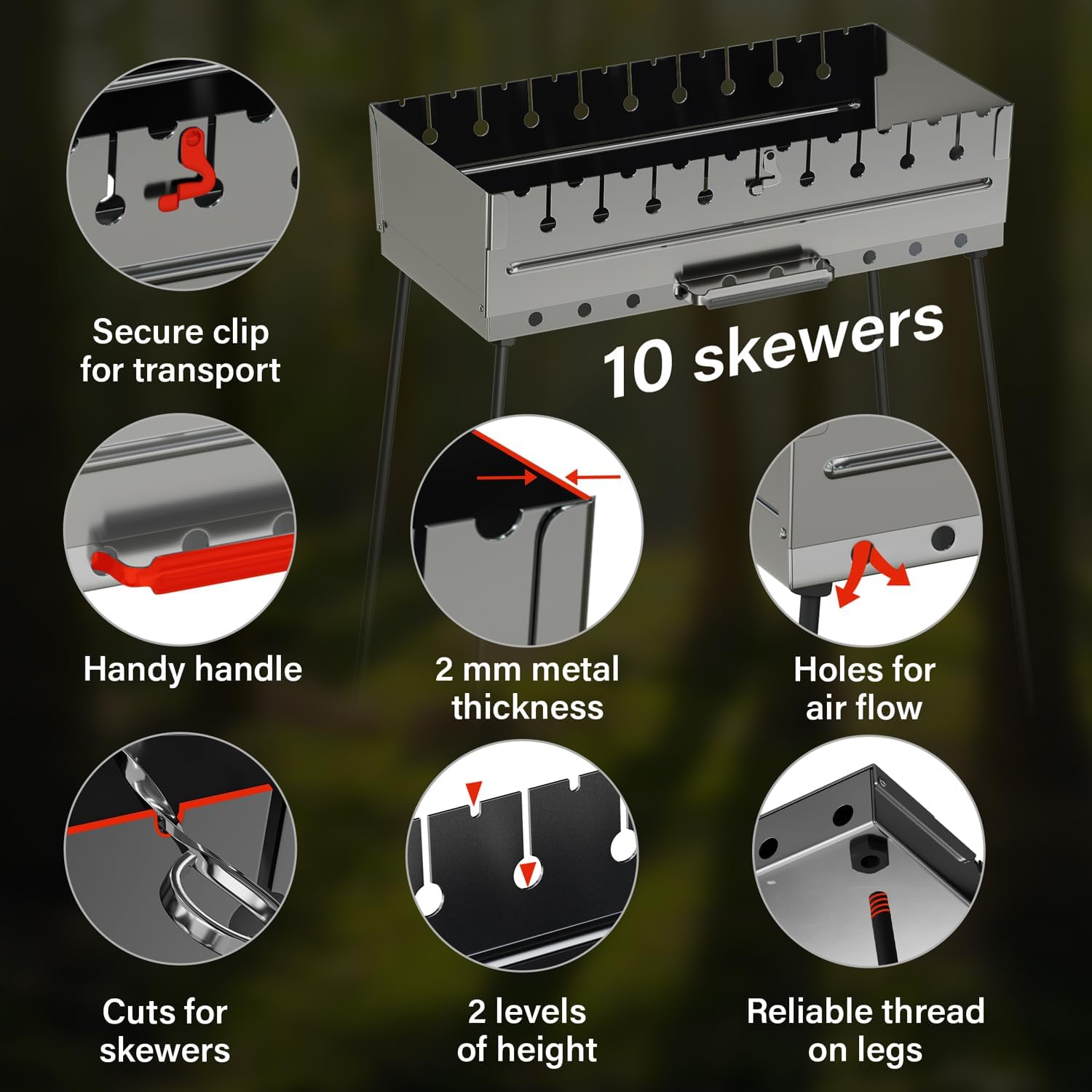 Stainless Steel Charcoal Grill for 10 Skewers – Portable BBQ 20.87'×11.81'×25.2' – Foldable Kabob Mangal – Durable Rustproof Grill for Picnic & Camping (Skewers Not Included)