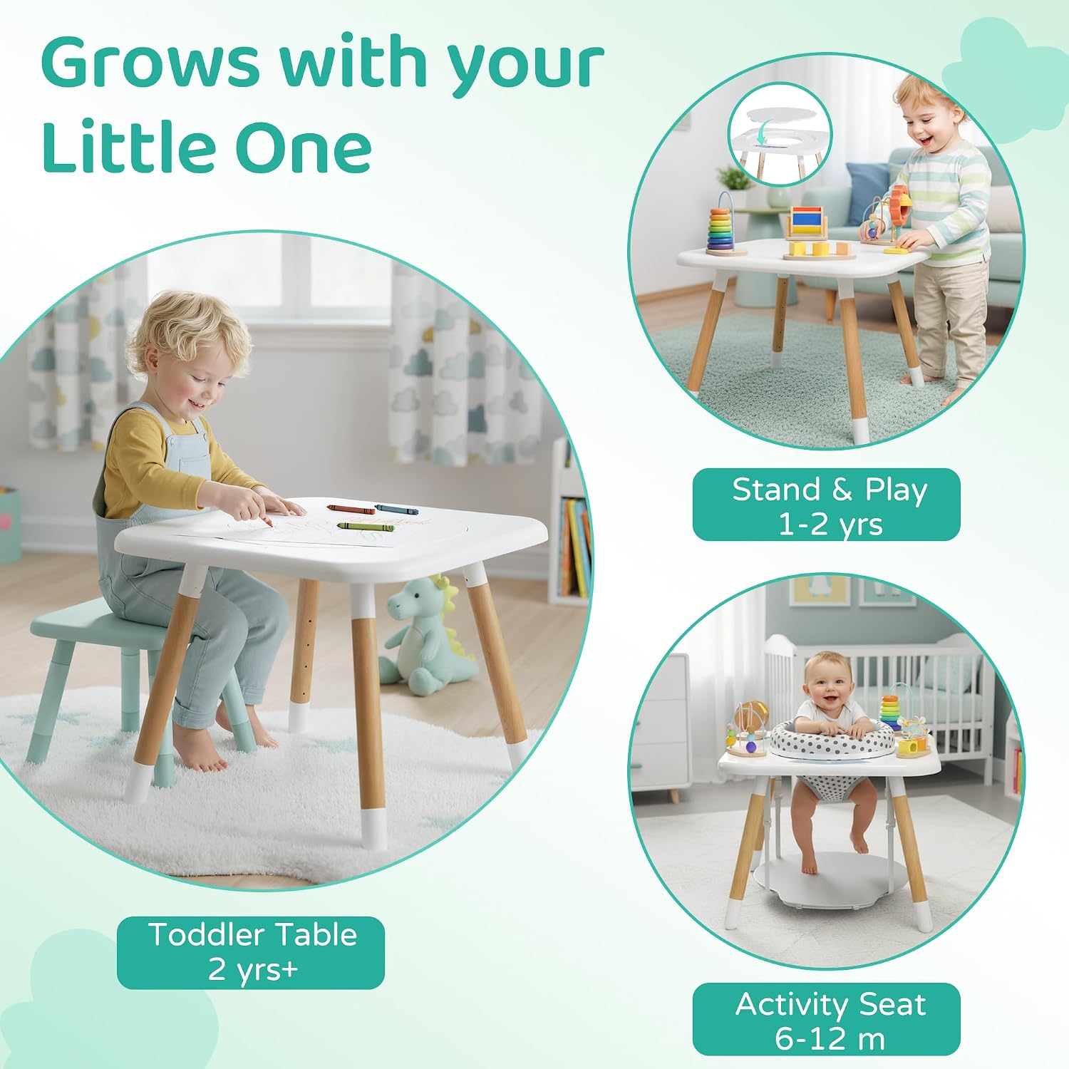 Kizfarm 3-Stage Baby Activity Center, Montessori-Inspired Design, 7 Interactive Toys with Teether, Exersaucer&Toddler Table, Shower Gift, 3 6 12 Month Old Baby Essential, Toy for Baby Infant Toddler