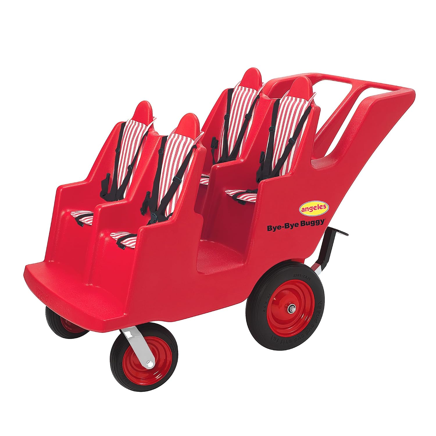 Angeles Bye Bye Buggy 4 Passenger Stroller, Sturdy Daycare Stroller with Fat Tires, Easy-to-Fasten Safety Buckles, Parking Brake, & 360 Pivoting Wheels, Red with Stripe Cushions