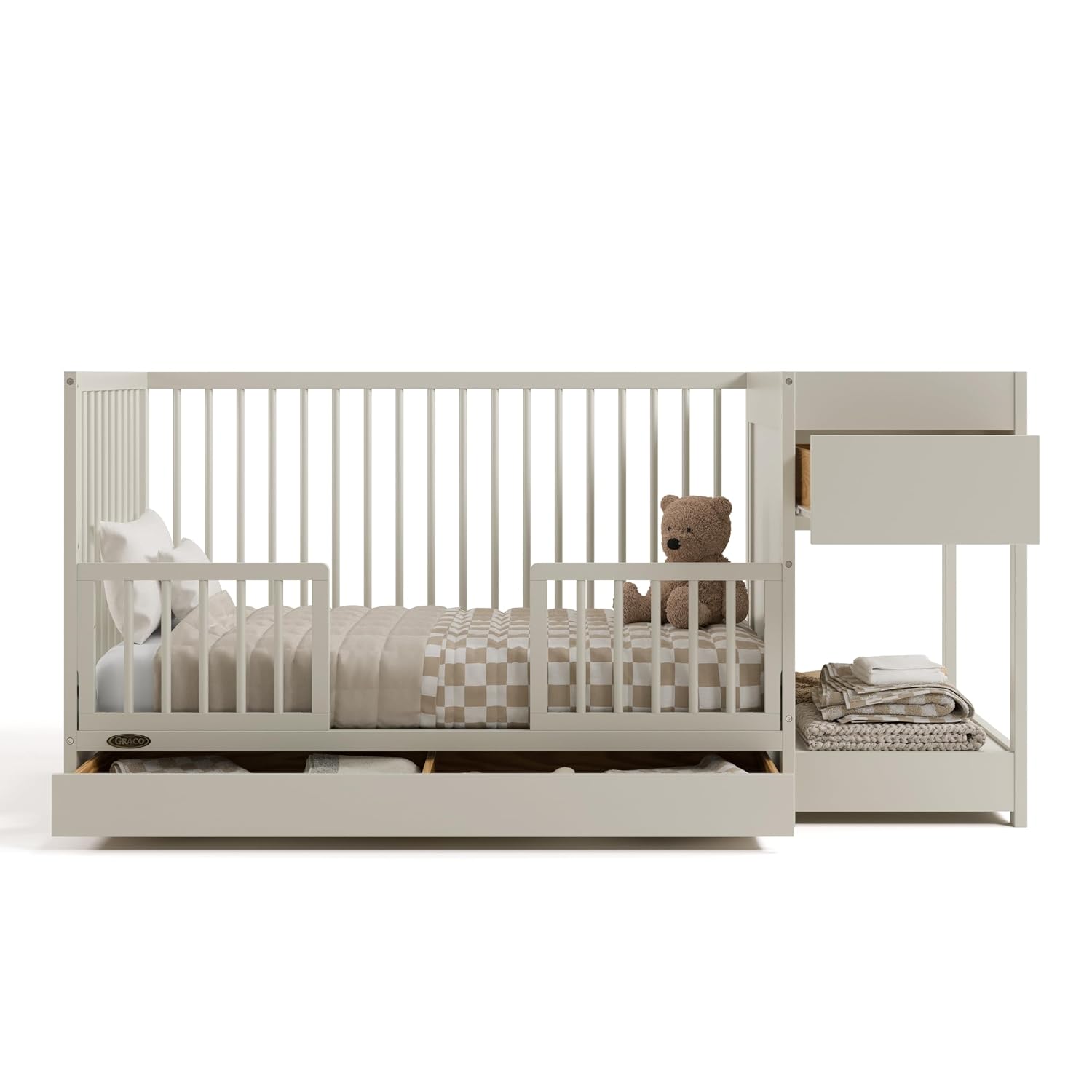 Graco Teddi 5-in-1 Convertible Crib & Changer with Drawer – GREENGUARD Gold Certified Baby Crib Crafted from Wood, Converts to Toddler Bed, Daybed, and Full-Size Bed (Frosted Oat)