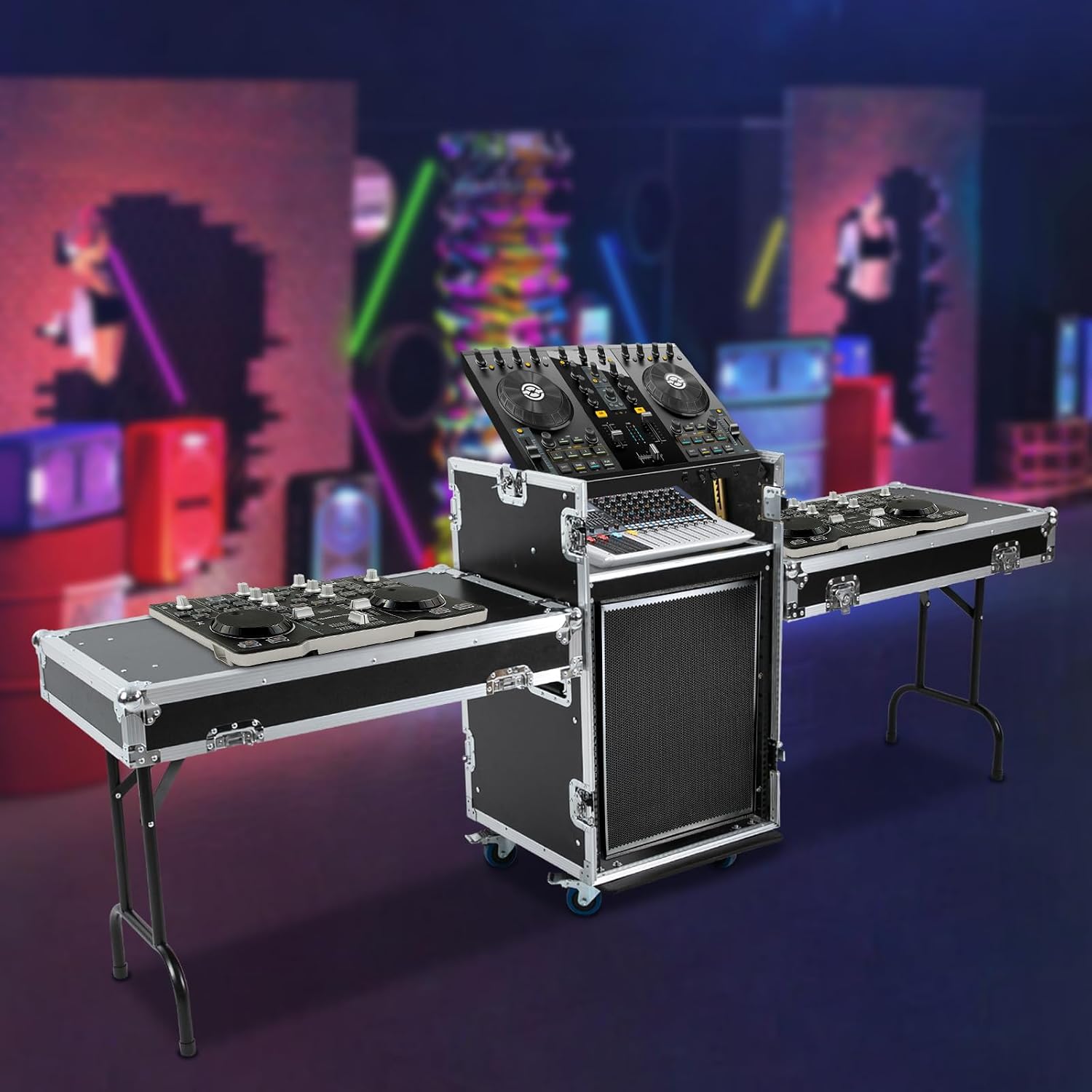 14U PA DJ Rack,Heavy Duty Mobile Studio Equipment Cabinet with 4 Wheels,2 DJ Work Tables,661.39 Capacity,for Dj/Pro Audio/Network Gear Storage