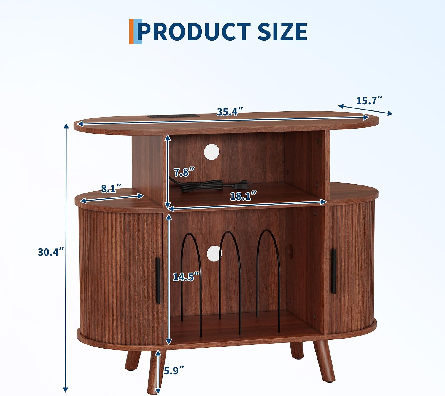 GarveeHome Large Round Record Player Stand with Charging Station and USB Ports, Rustic Vinyl Record Player Turntable Stand Storage Cabinet with Open Shelves Holder Mid-Century Design
