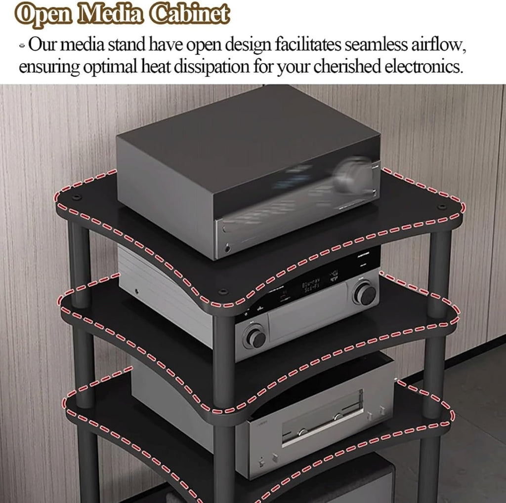High Performance Walnut Audio Rack 3 Tier HiFi Amplifier Stand Modern AV Media Shelf Corner Display Case for DVDs & Electronics Ideal for Home Theater Setup