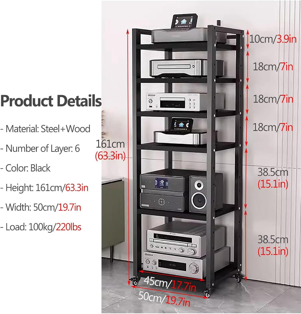 Audio Rack Av Tower Media Stand 5-tier Electronics Equipment Shelf, 6 7 8 Shelf Tall Rolling Stereo Cabinet Racks With Wheels & Height-Adjustable Shelf For Amplifiers/Players/TV, Black-b-6-Tiers