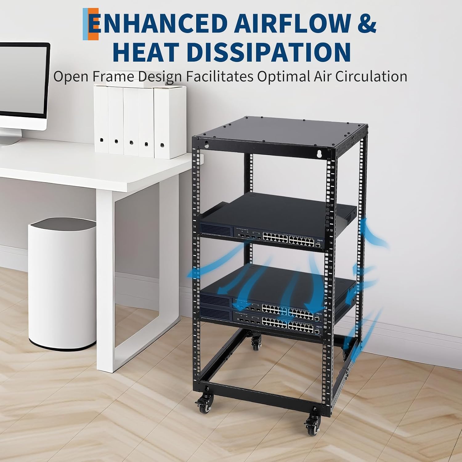 20U Server Rack Open Frame, Adjustable Depth 23'-40', Wall Mount & Free Standing IT Rack with Lockable Casters, 1U Shelf Included 500lbs Capacity for Network/AV Equipment