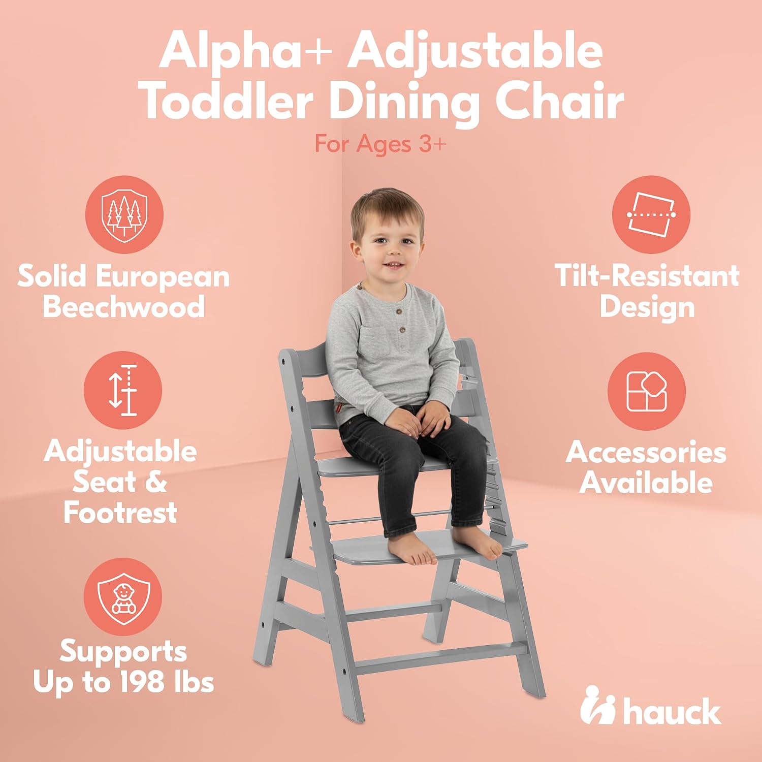 hauck Alpha+ Grow Along Seat Solid Beechwood Booster Chair with Adjustable Seat, 5 Point Safety Harness, & Bumper Bar for Infants & Toddlers, Grey