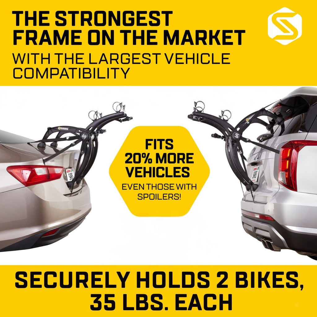 Saris Bones EX 2-Bike Trunk Rack Bicycle Carrier, Durable, Rust-Free, Anti-Sway Straps, Made in USA, Arc-Based Design, 100% Recyclable Materials