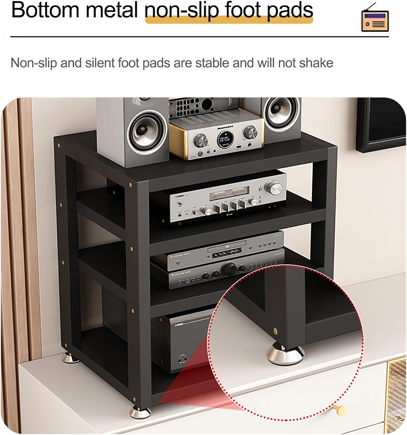 Audio Rack AV Media Stand Wooden Record Player Stand Equipment Console Shelf, for Entertainment Stereo Racks Component Storage and Collection Display(Black,35.5cm/14in)
